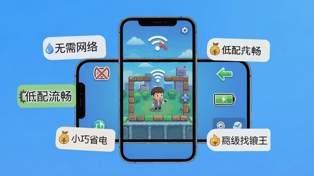 超级找茬王离线模式宣传图,画面展示一部智能手机屏幕中显示游戏关卡画面,手机周围环绕“无需网络”“低配流畅”“小巧省电”等标签图标,背景为简洁的渐变蓝色,风格扁平化设计,布局居中,细节包含WiFi关闭图标与电池图标,画质高清,干净,无多余元素