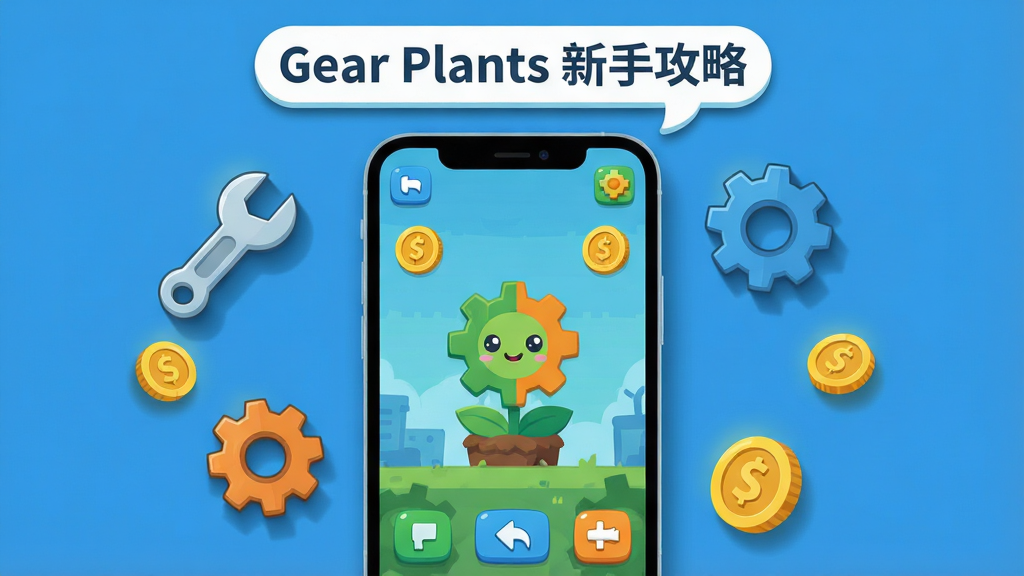 画面主体是一部智能手机,屏幕上显示Gear Plants游戏界面,界面中有齿轮植物和金币图标。布局为手机正面竖屏展示,手机周围漂浮着扳手、齿轮和金币的卡通图标。风格为扁平化科技插画,色调以蓝色、绿色和橙色为主。细节包括手机屏幕上的游戏UI按钮、齿轮植物的可爱表情、漂浮图标的阴影效果。画质高清,画面干净,无多余元素,手机上方用气泡文字写着“Gear Plants 新手攻略”。