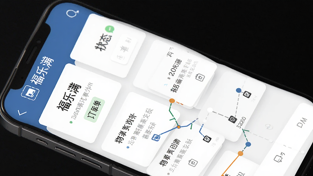 一张展示福乐满订单列表与物流追踪界面的图片,主体是手机屏幕,屏幕中显示福乐满订单卡片和物流轨迹时间轴,布局为纵向列表,排版整齐,风格商务简洁,细节包括订单状态标签和物流节点图标,画质清晰,干净,无多余元素