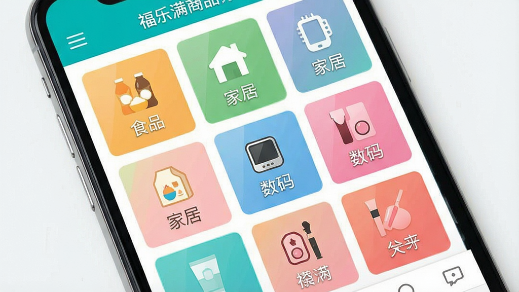 一张展示福乐满商品分类页面的图片,主体是手机屏幕,屏幕中显示福乐满商品分类网格,包含食品、家居、数码、美妆等图标和文字标签,布局采用两列或三列网格排列,排版整齐,风格清新明快,细节包括分类小图标和背景色块,画质清晰,干净,无多余元素