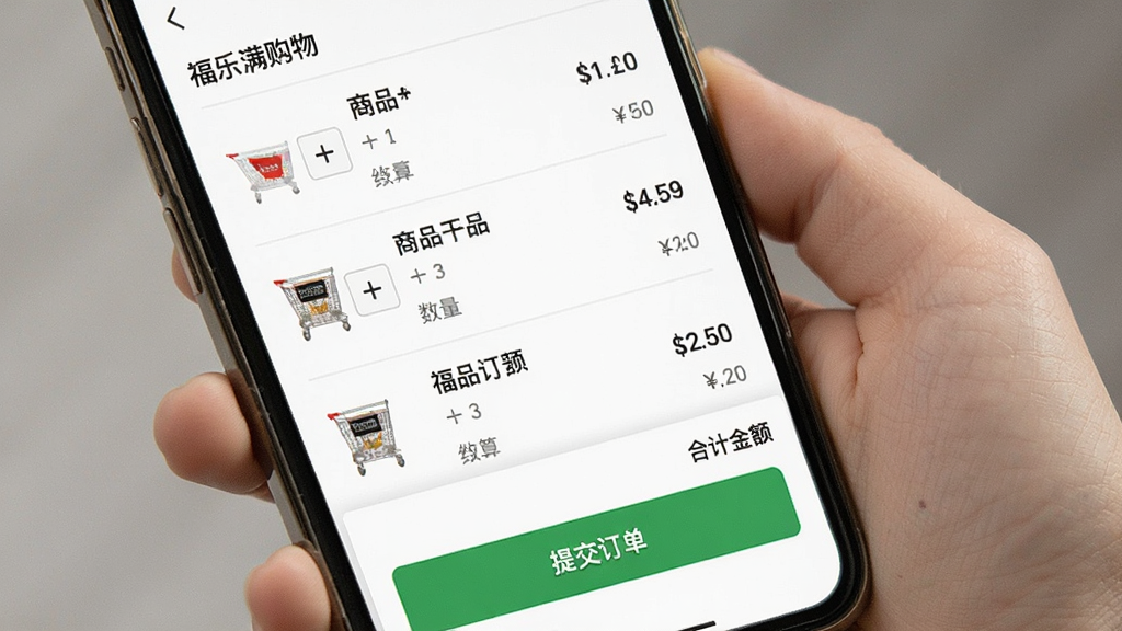 一张展示福乐满购物车与结算页面的图片,主体是手机屏幕,屏幕中显示福乐满购物车列表和结算按钮,布局为上方商品清单、下方合计金额和提交订单按钮,排版清晰,风格简约,细节包括商品数量加减按钮和价格明细,画质清晰,干净,无多余元素