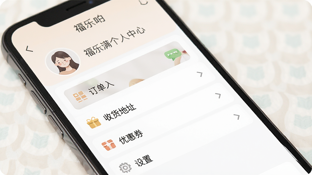 一张展示福乐满个人中心页面的图片,主体是手机屏幕,屏幕中显示福乐满个人中心界面,包含头像、订单入口、收货地址、优惠券和设置选项,布局为纵向功能列表,排版整洁,风格柔和,细节包括功能图标和文字说明,画质清晰,干净,无多余元素