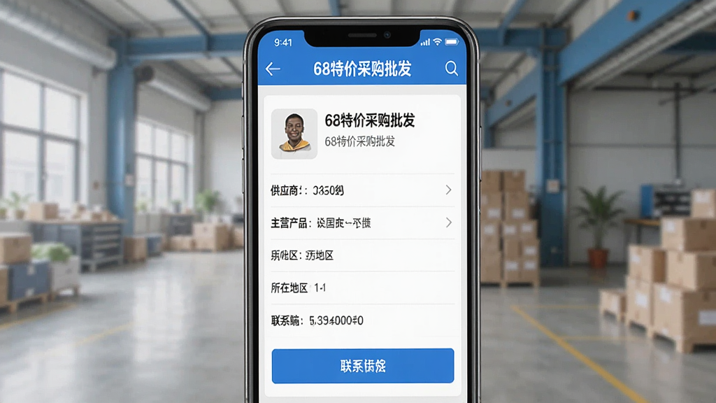 一张展示“68特价采购批发”供应商详情页面的图片,手机屏幕显示供应商名称、主营产品、所在地区、联系按钮等信息,界面布局清晰,配色以蓝色和白色为主,背景简洁,风格为现代移动应用界面展示,画质清晰,干净无多余元素