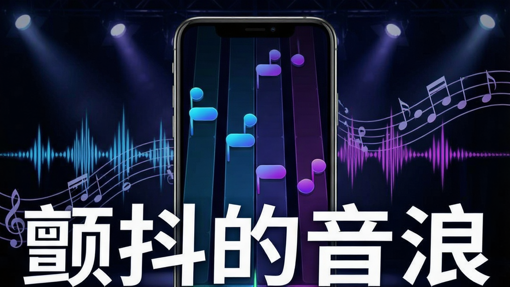 一张展示手机音乐节奏游戏界面的图片,画面中央是一部智能手机,屏幕上显示着多条彩色音符轨道从上方落下,音符呈现蓝紫渐变色调,背景是深色舞台灯光效果,手机周围环绕着跳动的音波纹理和五线谱元素,整体风格动感炫酷,画质清晰,干净无多余元素,画面中带有
