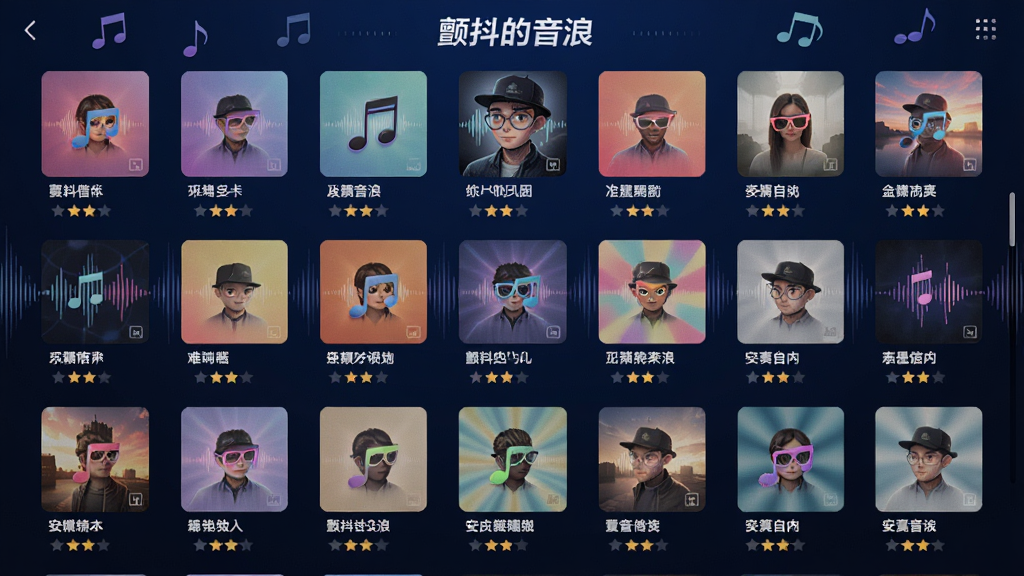 一款音乐节奏游戏曲库选择界面的图片,画面展示多个彩色专辑封面以网格形式排列,每个封面下方标注歌曲名称和难度星级,背景是深蓝色渐变,带有音符和声波装饰元素,整体布局清晰整洁,风格现代时尚,画质高清,干净无多余元素,画面中带有