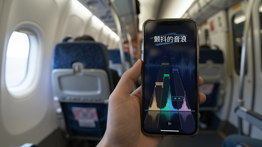 一部手机在飞机客舱或地铁车厢内显示音乐节奏游戏画面的场景图,手机屏幕亮着显示音符轨道,周围环境是模糊的交通工具内部,强调离线可玩的便捷性,整体风格写实自然,画质清晰,干净无多余元素,画面中带有