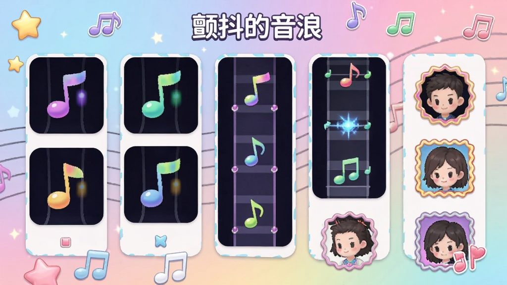 音乐节奏游戏个性化装扮界面截图风格图片,画面展示多个彩色音符皮肤、轨道主题和头像框选项以卡片形式排列,背景是柔和的渐变色调,带有星星和音符点缀,整体风格活泼可爱,画质高清,干净整洁,画面中带有