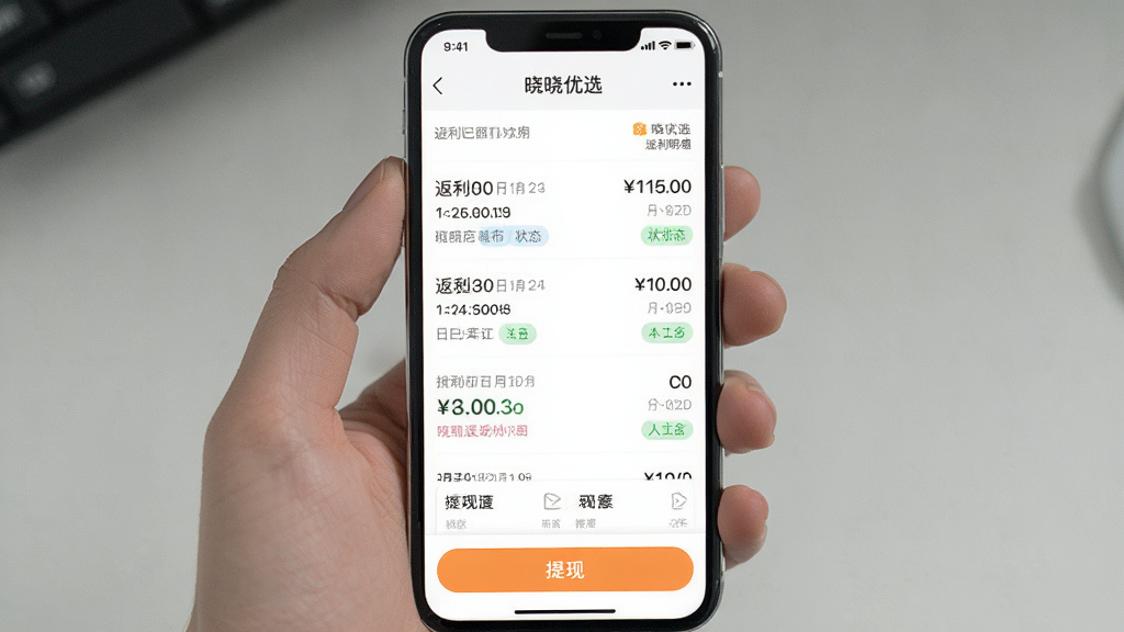 一张手机应用截图风格的图片,画面展示晓晓优选返利明细页面,屏幕上有清晰的返利记录列表和提现金额数字,底部有提现按钮,整体布局为手机竖屏比例,风格为真实APP界面截图风,细节包括金额数字、日期和状态标签,画质高清,干净整洁,无多余元素