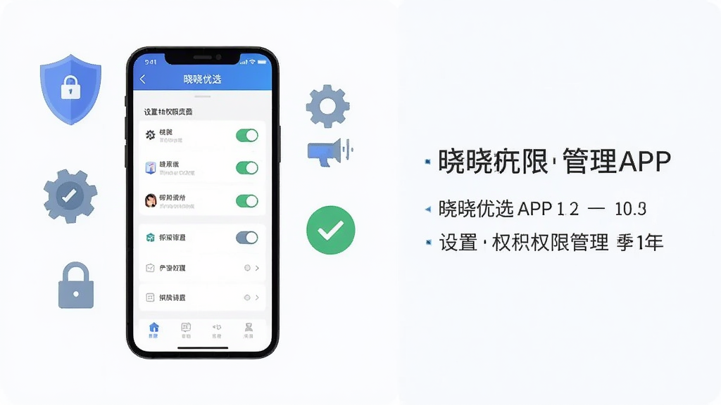 一张扁平化风格的信息图,画面主体是一部手机展示晓晓优选APP的设置和权限管理页面,周围有盾牌、齿轮、勾选标记等图标元素,布局为左右分栏,左侧为手机界面,右侧为文字标注区域,风格为科技简约风,细节包括权限开关和设置选项,画质清晰,干净整洁,无多余元素