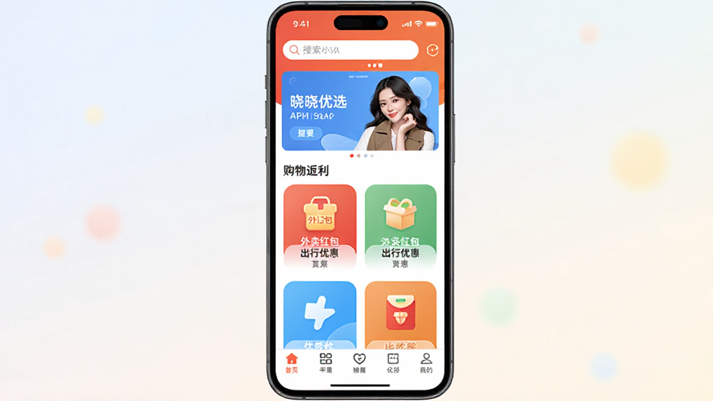 一张手机应用界面展示图,画面中央是一部竖屏智能手机,手机屏幕上显示晓晓优选APP首页,页面顶部有搜索框和轮播横幅,中间排列着购物返利、外卖红包、出行优惠等功能图标,底部是导航栏,背景为浅色渐变,整体风格清新简洁,排版规整,画质清晰干净,无多余元素