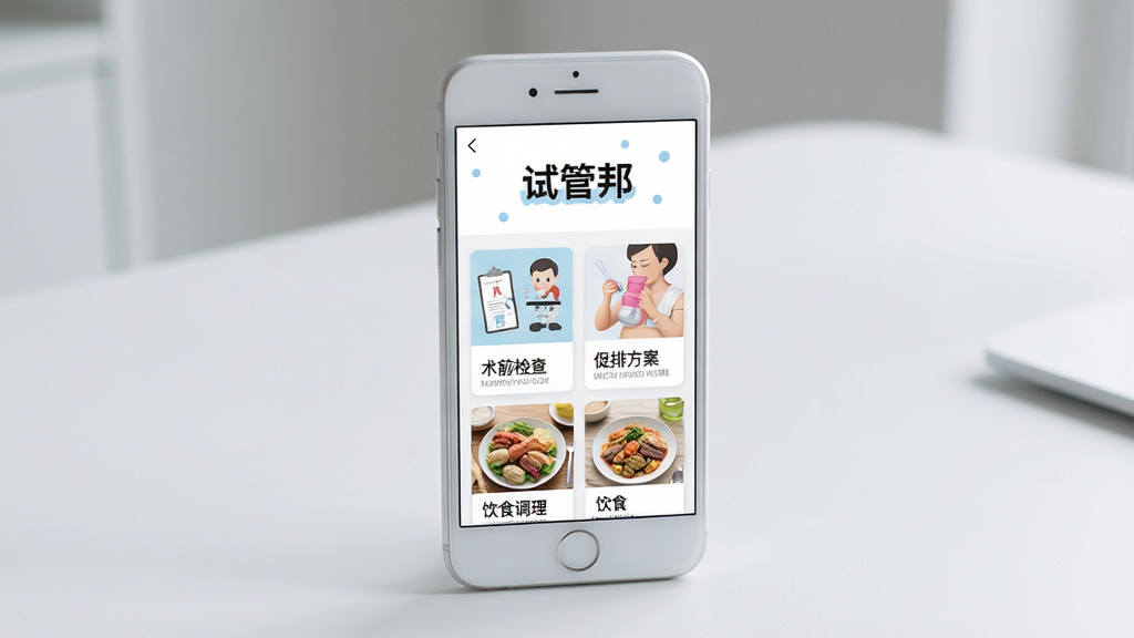 一款名为“试管邦”的手机应用界面展示图,画面为一部白色手机正面立放,屏幕显示知识科普页面,页面上有“试管邦”三个字作为标题,下方排列着图文卡片,包含“术前检查”“促排方案”“饮食调理”等标签,背景为干净的浅灰色桌面,光线柔和,风格简约现代,画质高清,无多余元素