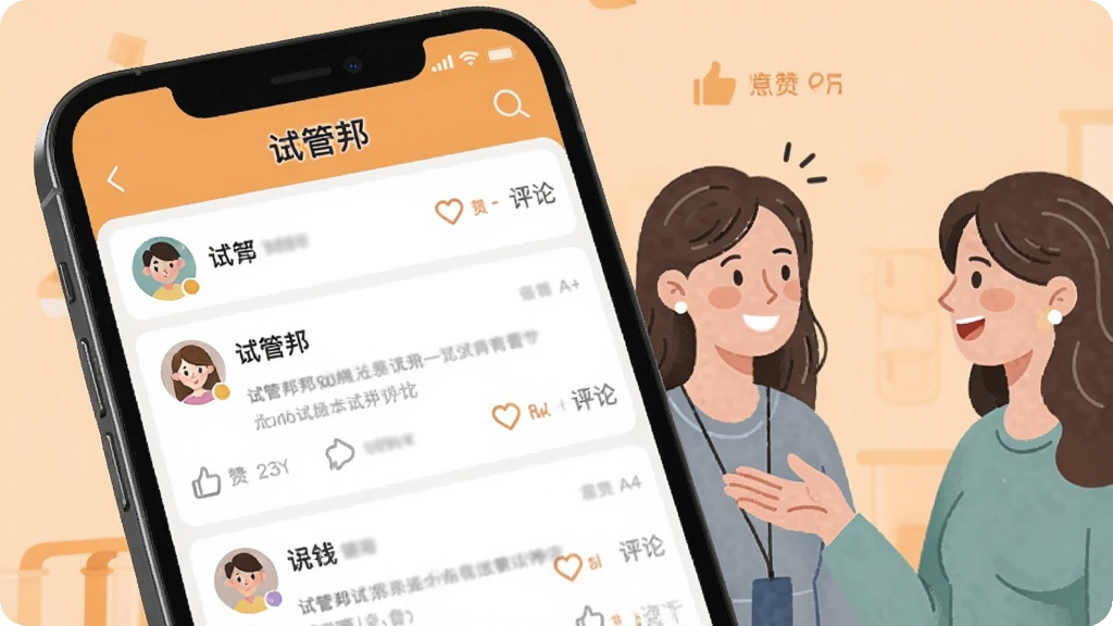 一张试管邦APP社区交流页面的生图,画面为手机屏幕特写,屏幕上显示“试管邦”社区界面,包含用户头像、帖子列表、点赞和评论图标,背景为温暖的浅橙色,画面右侧有两位女性用户微笑交流的插画元素,整体风格亲切友好,画质清晰,布局整洁,无多余装饰