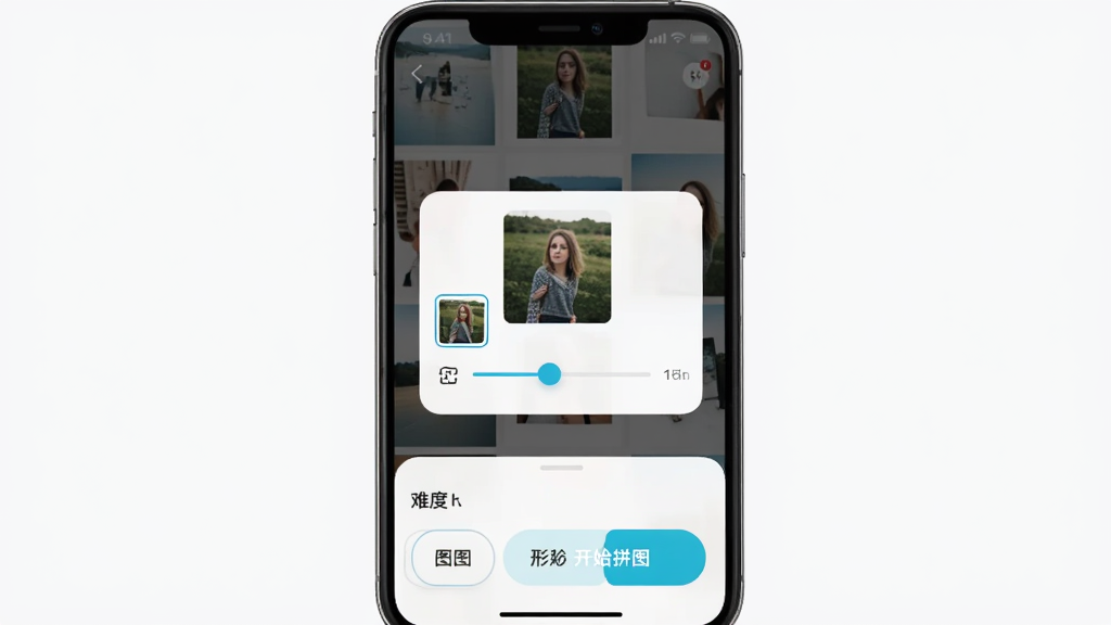 ƴͼħ��ʦ�Զ���ƴͼ���ý��棬�������ֻ���Ļ��ʾ�����ѡ��ͼƬ�ĵ������·����ѶȻ����ƴͼ����״ѡ��ť������Ϊ�ײ�����ʽ��ƣ����Ϊ��Լ�ִ���APP���棬ϸ�ڰ���ѡ�е���Ƭ����ͼ�Ϳ�ʼƴͼ�ĸ�����ť����������������ɾ����޶���Ԫ��