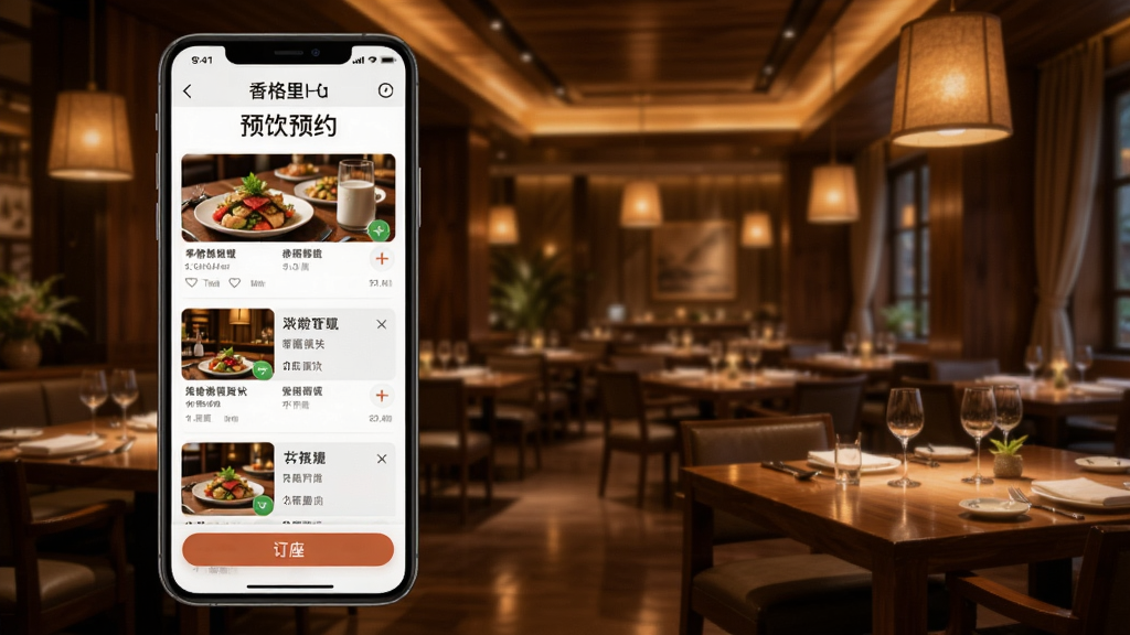 一张展示香格里拉会餐饮预约功能的图片,手机屏幕显示餐厅列表和订座界面,背景为精致餐厅环境,暖色调灯光,高清画质,干净无多余元素。
