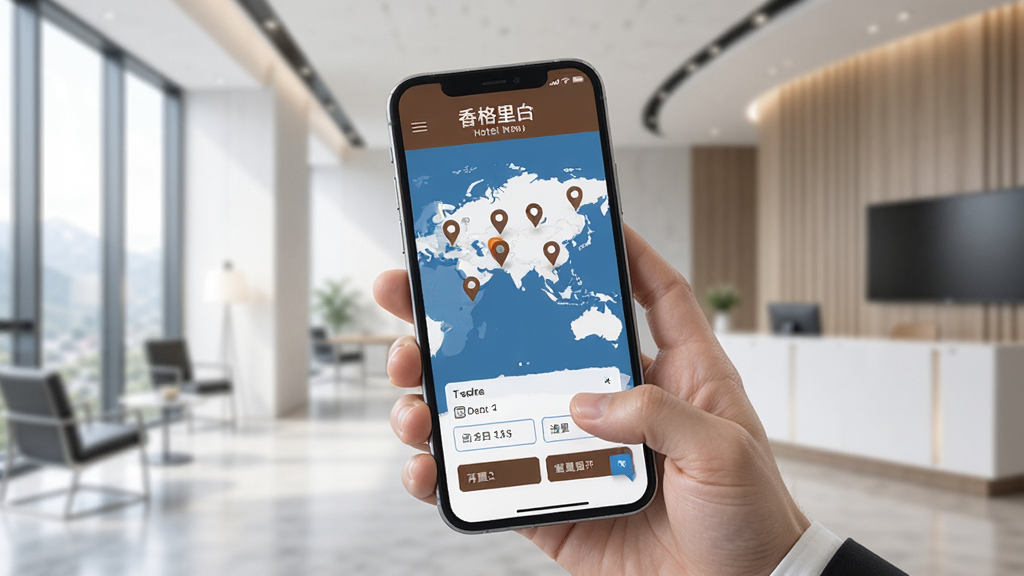一张展示香格里拉会酒店预订功能的图片,画面中手机屏幕显示全球地图和多个酒店定位图标,用户正在选择入住日期,背景为现代商务风格,简洁明亮,高清画质,无多余元素。