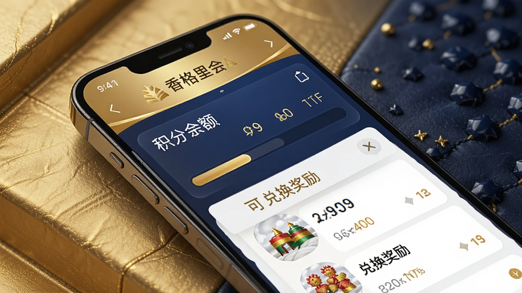 一张展示香格里拉会会员积分管理界面的图片,手机屏幕显示积分余额、等级进度条和可兑换奖励列表,背景为金色与深蓝色搭配的高端质感风格,干净整洁,高清画质。