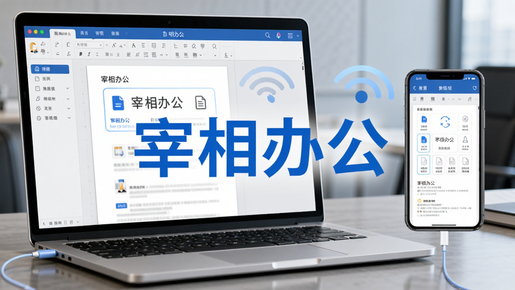 主体为一台笔记本电脑和一部手机通过无线连接同步文档,屏幕上显示宰相办公的文档编辑界面,布局采用左右分栏构图,排版上软件名称