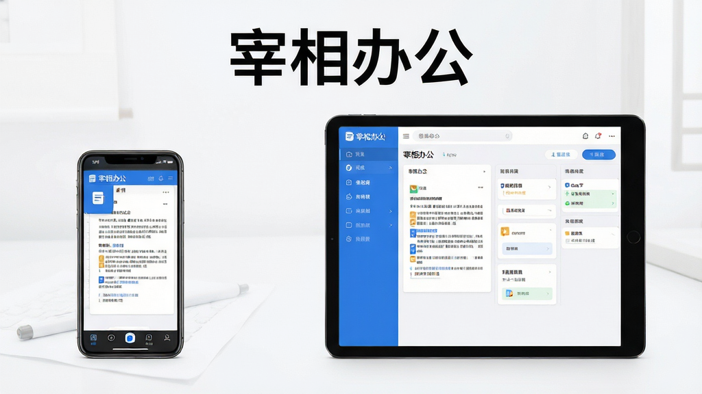 主体为一部智能手机和一台平板电脑并排展示,屏幕上显示宰相办公的文档编辑和任务看板界面,布局采用居中对称构图,排版上软件名称