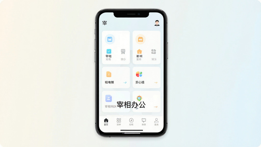 主体为一部手机展示宰相办公的主界面,布局采用居中构图,排版上软件名称