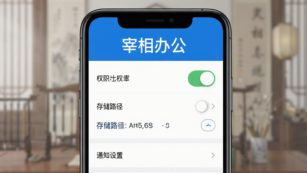 主体为一部手机展示宰相办公的设置界面,布局采用上下分层构图,排版上软件名称
