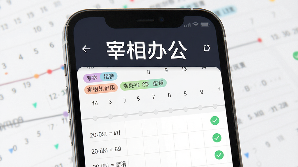 主体为一部手机屏幕展示宰相办公的日历和任务列表界面,布局采用上下分层构图,排版上软件名称