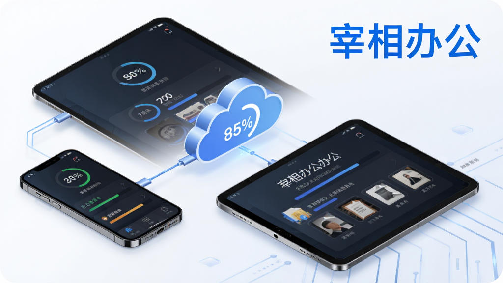 主体为一部手机和一台平板电脑通过云朵图标连接,屏幕上显示宰相办公的数据同步进度界面,布局采用对角线构图,排版上软件名称