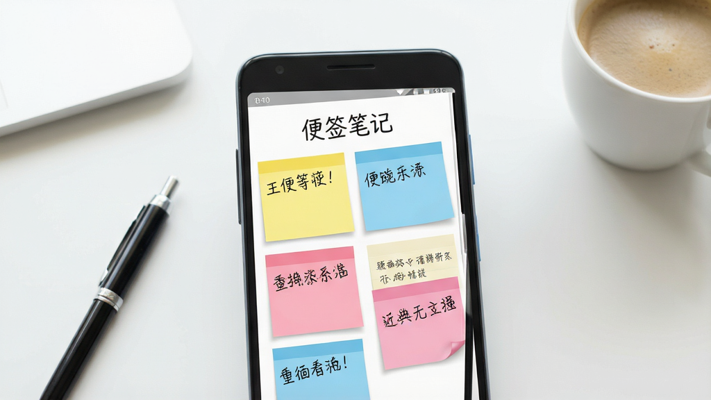 一张展示手机记事本应用界面的图片,画面中央是一部安卓手机,手机屏幕上显示“便签笔记”四个字,屏幕内整齐排列着彩色便签卡片,有黄色、蓝色和粉色,卡片上写着待办事项和简短笔记,背景是干净的书桌桌面,桌面上有一支笔和一杯咖啡,整体风格清新简约,光线明亮柔和,画质清晰干净,无多余元素