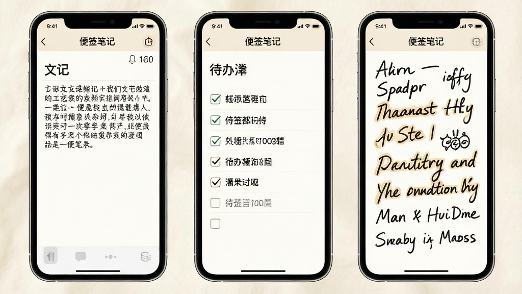 手机屏幕展示“便签笔记”的三种记录模式并排显示,左侧是文字笔记界面,中间是带勾选框的待办清单,右侧是手写涂鸦区域,画面采用分屏构图,背景为柔和的米白色,整体风格统一干净,画质清晰,无多余元素