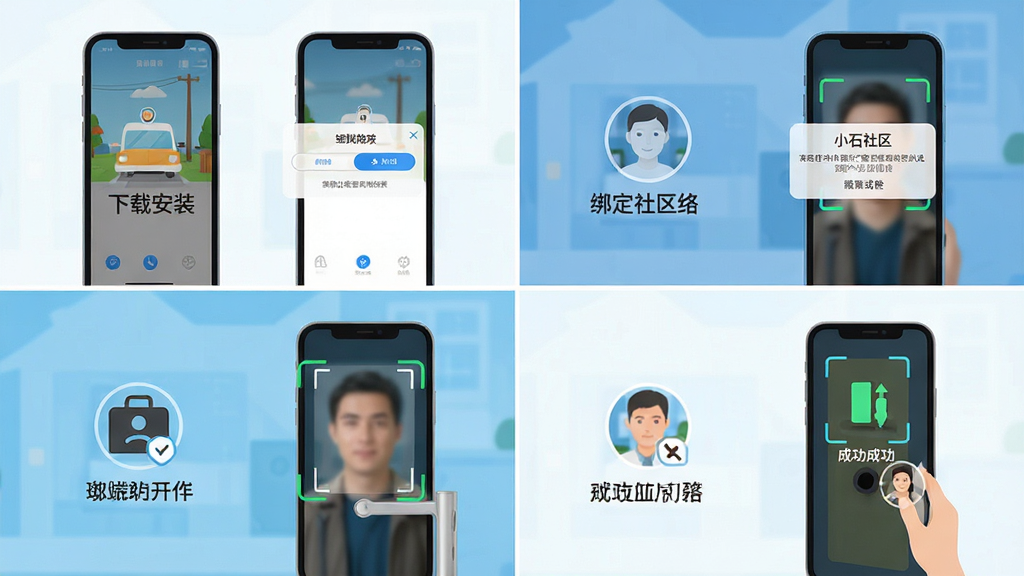 小石开门手机端操作步骤示意图,画面展示从下载安装到绑定社区、录入人脸、成功开门的完整流程,采用四格分镜排版,每格配以简洁图标与文字说明,风格为扁平化教程风,细节包括手机界面、权限弹窗、人脸识别框、开门成功动画,画质高清,干净,无多余元素
