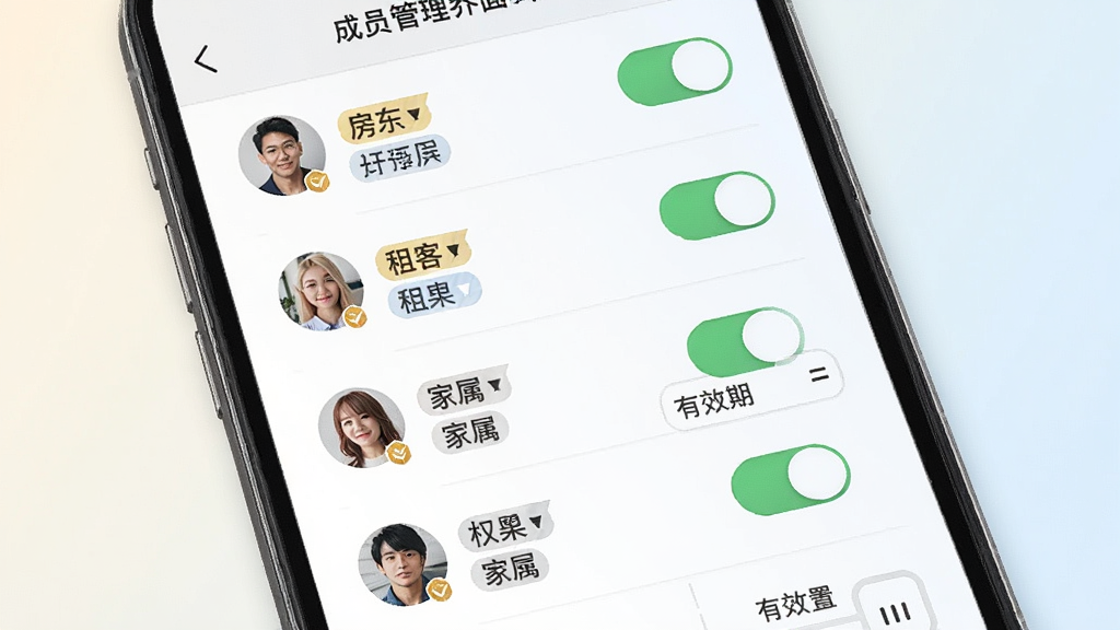 小石开门成员管理界面预览图,画面展示手机屏幕内的人员列表,包含房东、租客、家属等角色标签,每个角色旁有权限开关与有效期设置,背景为浅色渐变,布局为垂直列表排版,风格为清爽商务风,细节包括头像、角色徽章、权限图标,画质高清,干净,无多余元素