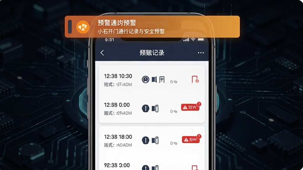 小石开门通行记录与安全预警界面图,画面中央为手机屏幕,显示按时间排序的开门记录列表,顶部有预警通知横幅,背景为深色科技感底纹,布局为上下结构排版,风格为数据可视化风格,细节包括时间戳、开门方式图标、红色预警标记,画质高清,干净,无多余元素