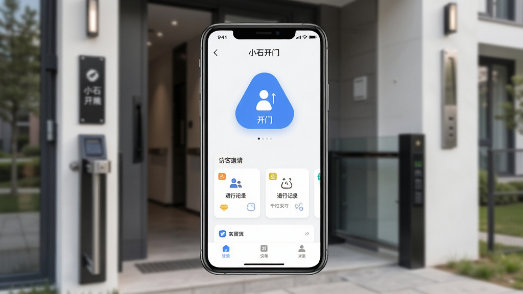 小石开门APP主界面预览图,画面中央展示一部智能手机,屏幕内呈现小石开门应用首页,包含开门按钮、访客邀请、通行记录等模块,背景为现代小区门禁场景,整体布局简洁清晰,风格为扁平化科技风,细节包括手机边框、应用图标、功能卡片,画质高清,干净,无多余元素