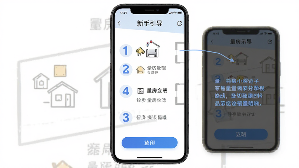 画面主体是家易量APP的新手引导界面截图,屏幕上显示量房步骤示意图与操作提示文字,布局为手机屏幕居中展示,排版清晰分步,风格为扁平化UI展示风,细节包括步骤序号、图标、按钮,画质高清,干净整洁,无多余元素。