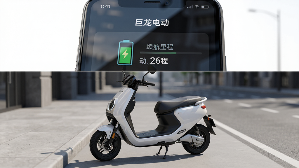 画面中央是一部智能手机,屏幕上显示着“巨龙电动”APP的车辆状态界面,界面中有电池电量图标和续航里程数字,背景是一辆停放在城市街道旁的白色巨龙品牌电动车,整体布局采用上下分层结构,上方为手机特写,下方为电动车实体展示,排版简洁明快,风格为现代科技感与生活化结合,细节包括手机屏幕的反光、电动车车身的金属质感、地面淡淡的阴影,画质为4K高清,画面干净无多余元素,无杂乱背景。