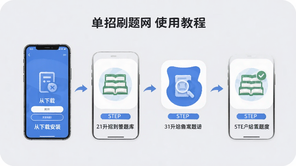 单招刷题网使用教程示意图,手机屏幕展示从下载安装到打开题库的完整流程,画面分为四个步骤图标,背景为浅灰色,风格简洁明了,画质清晰干净