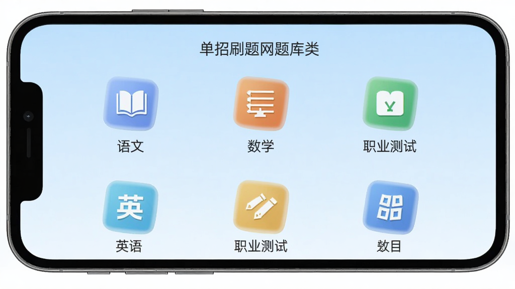单招刷题网题库分类页面展示,手机屏幕显示语文、数学、英语、职业测试等科目图标整齐排列,背景为淡蓝色渐变,界面简洁清晰,画质干净无多余元素