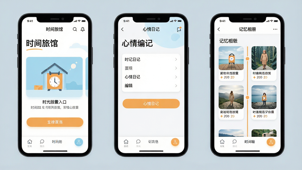 一张展示“时间旅馆”App整体界面布局的扁平化UI设计图,画面主体是三部并排的手机屏幕,分别展示首页时光胶囊入口、心情日记编辑页和记忆相册时间轴页面。布局上三部手机水平排列,背景为淡雅的浅灰蓝色。风格为现代简约UI展示图,色彩以白色、浅蓝、暖橙点缀为主。细节上屏幕内可见“时间旅馆”文字标识和清晰的按钮图标,画面干净整洁,无多余装饰,画质高清。
