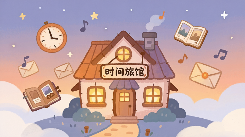 一张温暖治愈风格的插画,画面主体是一座坐落于云端或星空下的童话般小旅馆,旅馆窗户透出暖黄色灯光,周围漂浮着时钟、相册、信封、音符等象征记忆与时间的元素。整体布局居中,旅馆位于画面中央偏下,上方是渐变的暮色天空与点点星光。风格为扁平化手绘插画,色彩柔和温暖,以暖橙、淡紫、浅蓝为主色调。细节上旅馆招牌写着“时间旅馆”四个字,门口有小径延伸向远方,画面干净整洁,无多余杂乱元素。画质高清,适合作为软件宣传图。