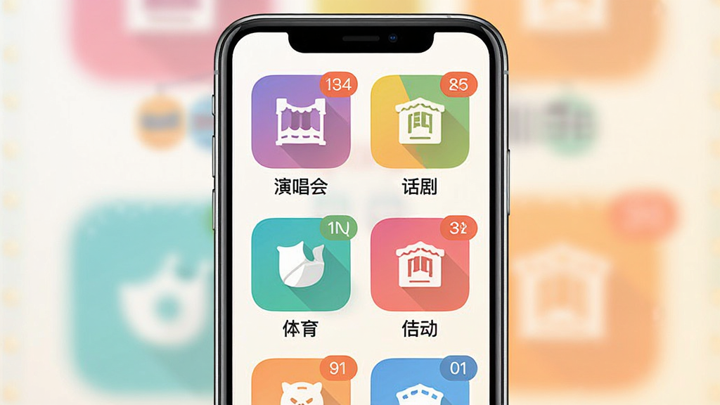 摩天轮应用内展示多品类演出分类的界面截图风格图,主体为手机屏幕中排列着演唱会、话剧、体育等彩色图标网格,布局为屏幕居中,排版整齐,风格清新明亮,细节包括每个图标下的中文标签和活动数量角标,画质高清,干净,无多余元素