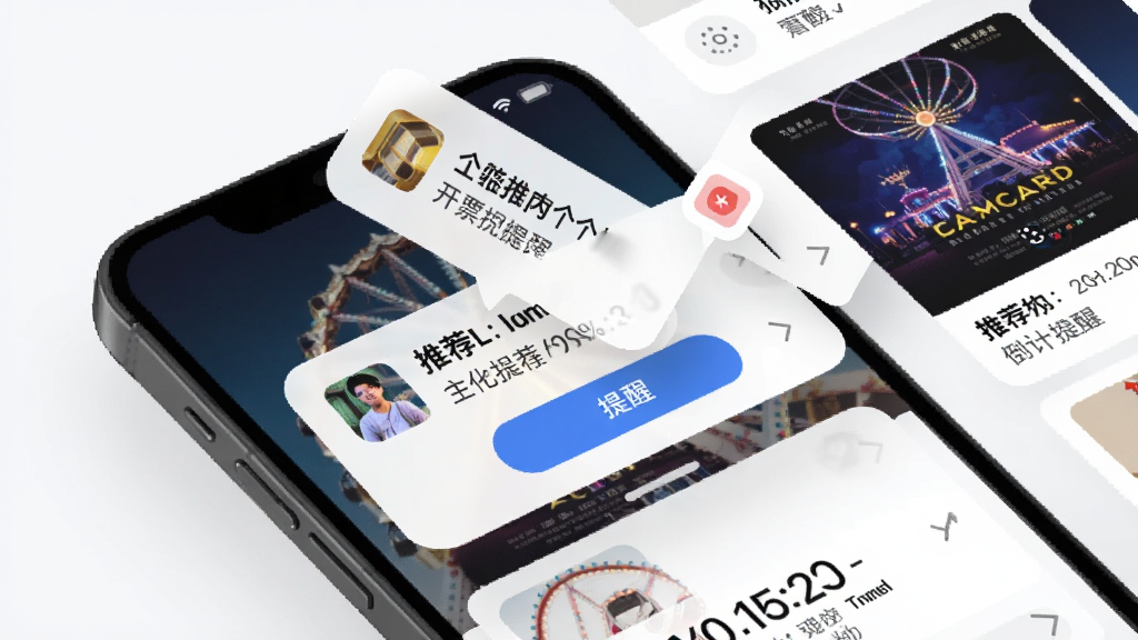 摩天轮应用内个性化推荐与开票提醒功能展示图,主体为手机屏幕中弹出提醒通知和推荐卡片,布局采用屏幕倾斜视角,排版突出通知气泡,风格为扁平化UI设计,细节包括演出海报、倒计时文字和提醒按钮,画质高清,干净,无多余元素