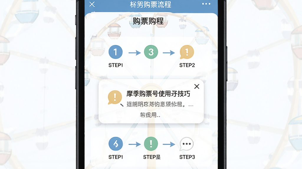 一张展示手机端摩天轮应用使用技巧的示意图,主体为手机屏幕中显示购票流程步骤和提示弹窗,布局为屏幕居中,排版清晰,风格为扁平化插画风,细节包括步骤数字、箭头指示和提示图标,画质高清,干净,无多余元素