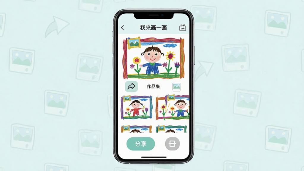 一幅展示“我来画一画”作品保存与分享功能的画面,画面中央为一部手机,屏幕上显示着作品集画廊,包含多幅儿童画作缩略图,布局为上下结构,上方为作品展示,下方为分享按钮和保存图标,风格为清新浅色卡通风,细节包括分享箭头、相册图标和彩色画框,画质清晰干净,无多余元素