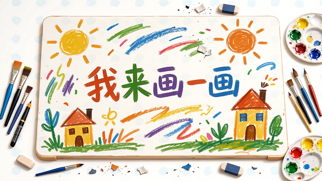 一幅展示“我来画一画”自由涂鸦画板的画面,画面主体为一块大尺寸画板,上面有色彩缤纷的涂鸦线条、太阳、房子和手写文字“我来画一画”,布局为全景式,画板居中,四周散落着不同粗细的画笔和橡皮工具,风格为轻松手绘风,细节包括彩色笔触、橡皮擦屑和调色盘,画质清晰干净,无多余元素