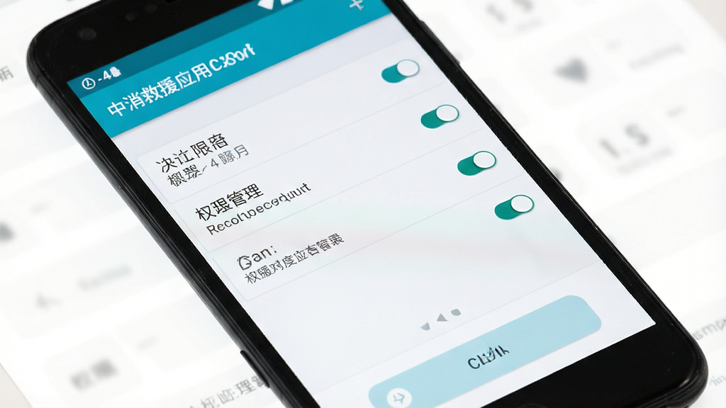 一张展示中消救援应用安装权限设置界面的图片,画面主体为手机屏幕,屏幕上显示权限管理列表与开关按钮,背景为浅色系统设置界面,风格为安卓系统UI,细节包含顶部标题与底部确认按钮,画质清晰干净,无多余元素