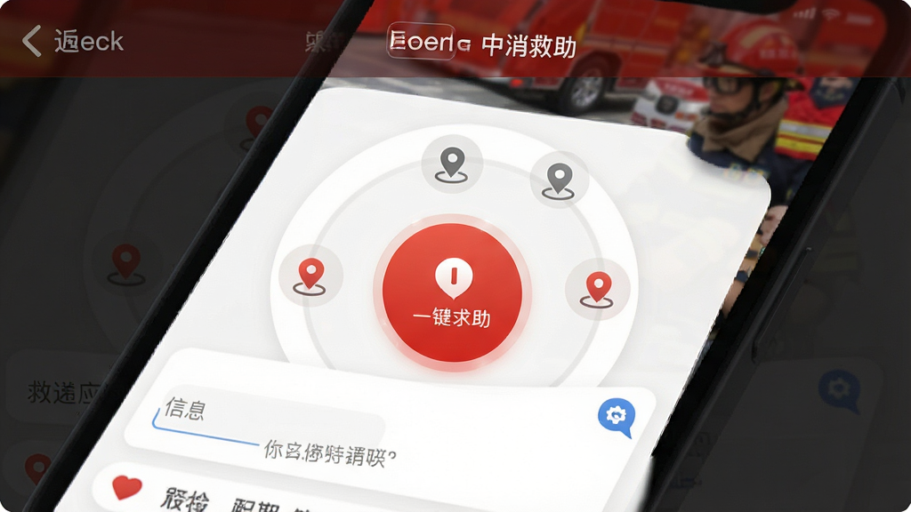 一张中消救援应用内紧急求助功能的界面截图,画面主体为手机屏幕,屏幕中央是红色圆形一键求助按钮,周围环绕定位图标与信息填写框,背景为深色半透明遮罩,风格为应急类应用UI,细节包含顶部标题栏与返回按钮,画质清晰干净,无多余元素