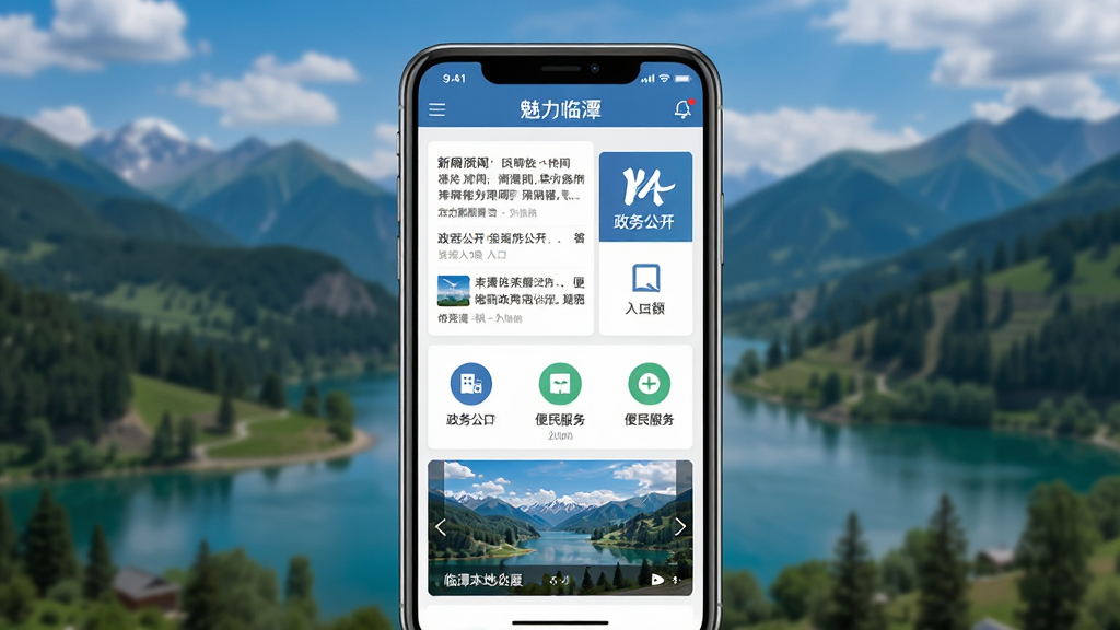 一张展示魅力临潭软件主界面的手机预览图,画面中央是一部智能手机,屏幕上显示魅力临潭APP的首页界面,包含新闻资讯板块、政务公开入口、便民服务图标和临潭本地风景轮播图,背景为临潭县冶力关景区的山水风光,整体布局清晰,采用扁平化UI设计风格,细节丰富,画质高清,干净简洁,无多余元素