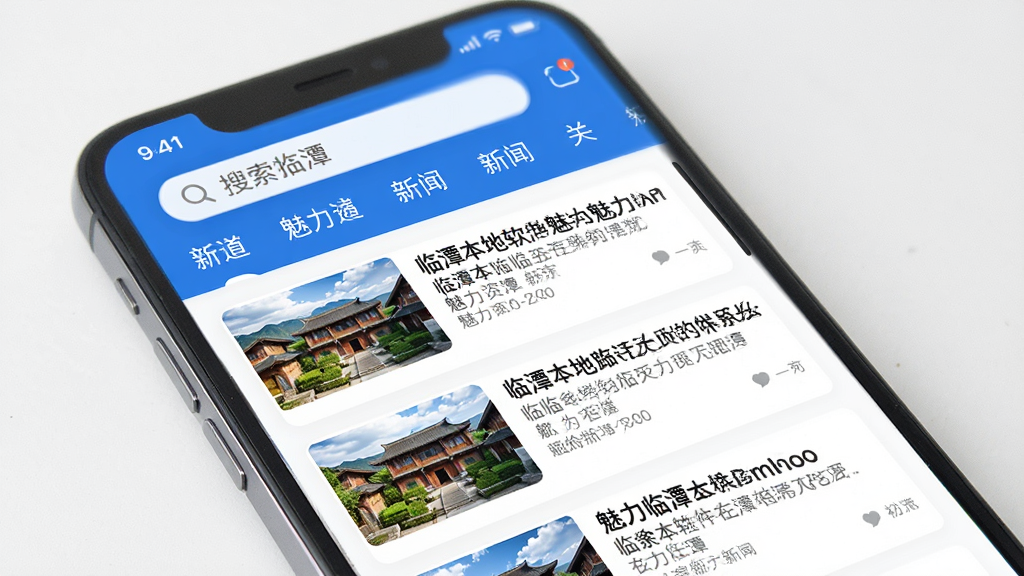 一张魅力临潭软件新闻资讯页面的展示图,画面中手机屏幕显示魅力临潭APP的新闻列表页面,包含多条临潭本地新闻标题和缩略图,顶部有搜索栏和频道分类标签,界面配色以蓝色和白色为主,风格清爽干净,画质高清,布局整齐,无多余元素