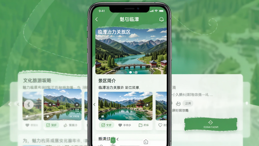 一张展示魅力临潭APP文化旅游板块的界面截图,手机屏幕显示临潭冶力关景区的风景图片和旅游攻略介绍,页面包含景区名称、简介文字、图片轮播和导航按钮,背景为绿色自然色调,布局美观,画质高清,干净整洁,无多余元素