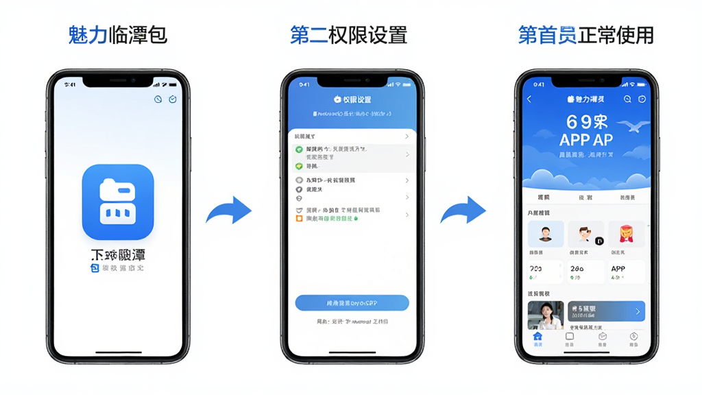 一张展示魅力临潭APP在手机上安装和使用的操作流程图,画面分为三个步骤,第一步展示下载安装包,第二步展示权限设置界面,第三步展示APP首页正常使用,整体风格简洁明了,配色以蓝色和白色为主,画质高清,布局清晰,无多余元素