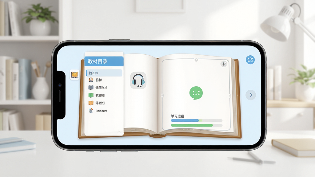 纳米盒软件主界面全貌展示,画面中央放置一部智能手机,手机屏幕显示纳米盒点读页面,书本翻开状态,页面布局清晰,左侧为教材目录,右侧为点读交互区域,背景为明亮书房环境,风格清新简约,细节包含书本图标、耳机图标、学习进度条,画质高清,干净,无多余元素